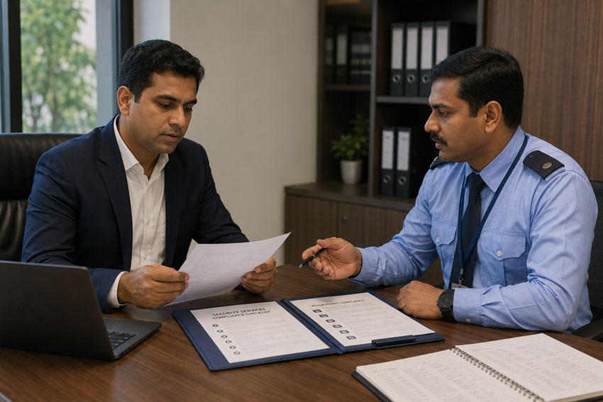 Business manager checking PSARA licence compliance with a security agency representative